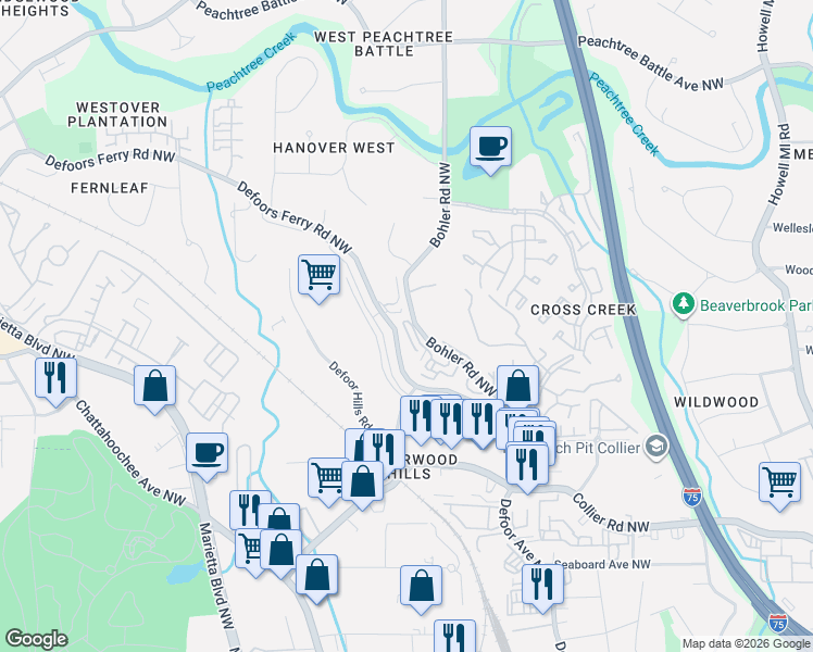 map of restaurants, bars, coffee shops, grocery stores, and more near 2226 Bohler Road Northwest in Atlanta