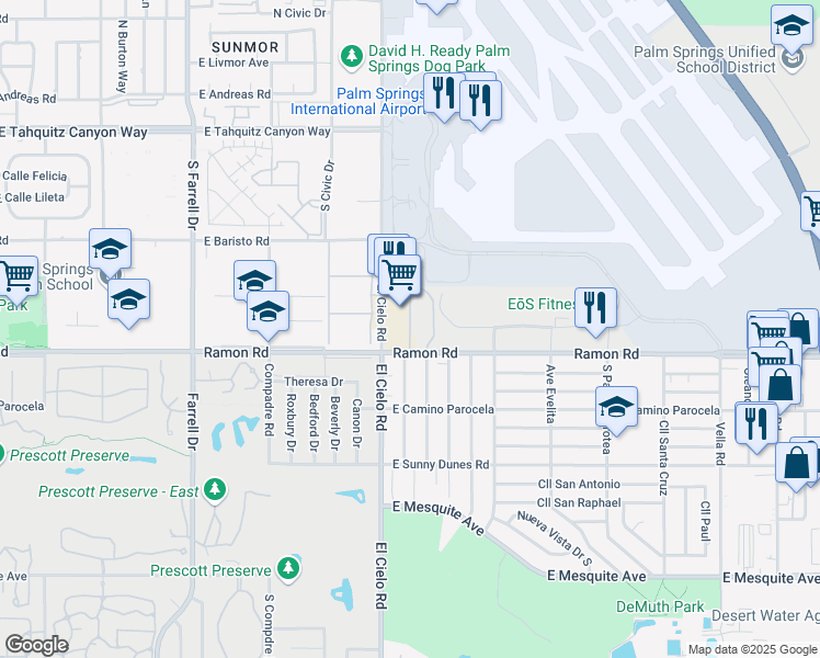 map of restaurants, bars, coffee shops, grocery stores, and more near 474 West Bradshaw Lane in Palm Springs