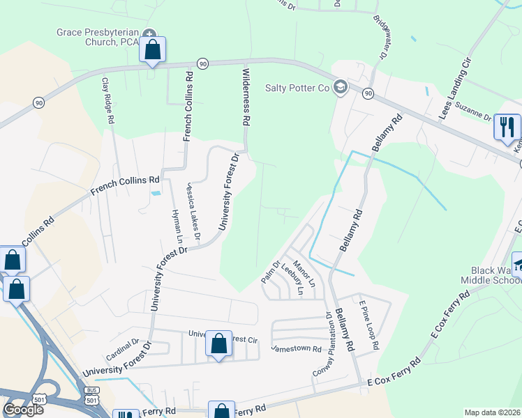 map of restaurants, bars, coffee shops, grocery stores, and more near 2301 Wilderness Road in Conway