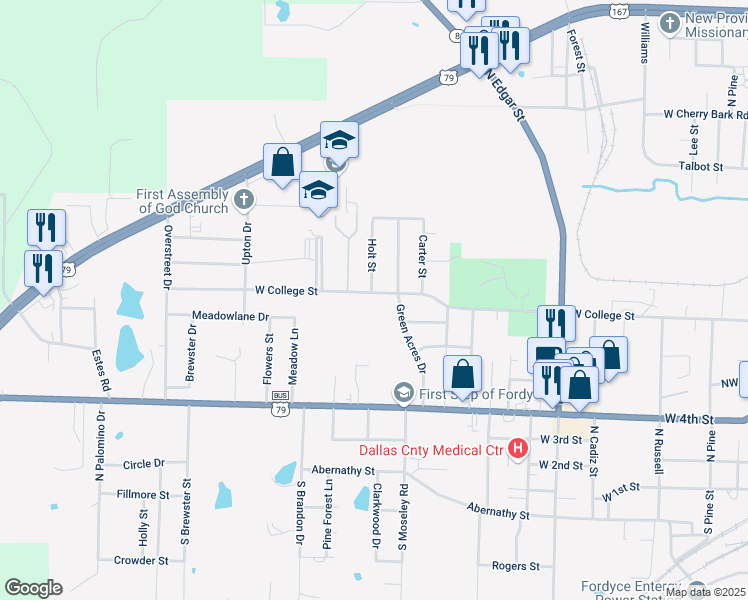 map of restaurants, bars, coffee shops, grocery stores, and more near 621 Green Acres Drive in Fordyce