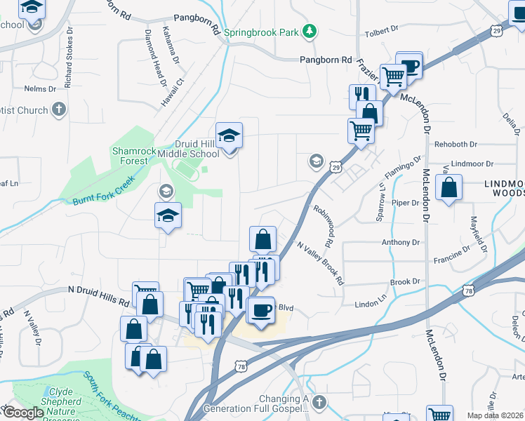 map of restaurants, bars, coffee shops, grocery stores, and more near 2326 Lawrenceville Highway in Decatur