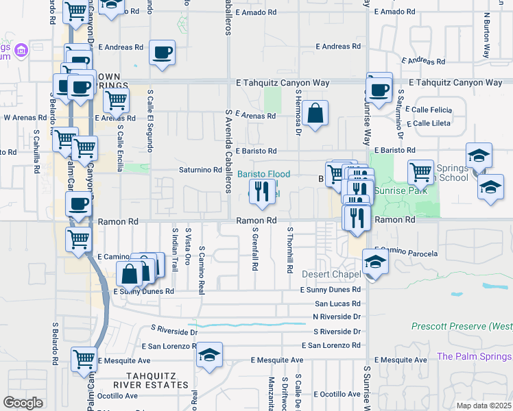 map of restaurants, bars, coffee shops, grocery stores, and more near 1050 Ramon Road in Palm Springs