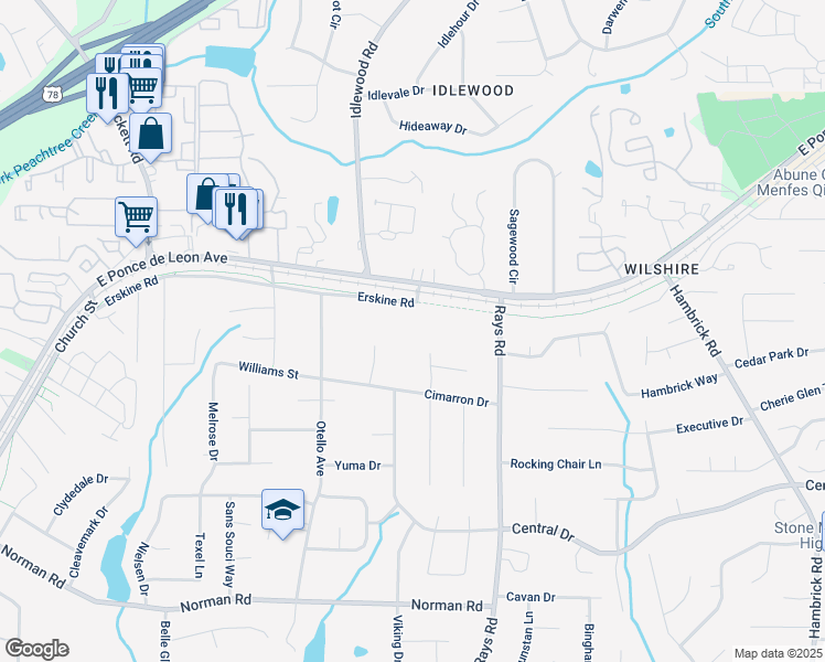 map of restaurants, bars, coffee shops, grocery stores, and more near 4549 Erskine Road in Clarkston
