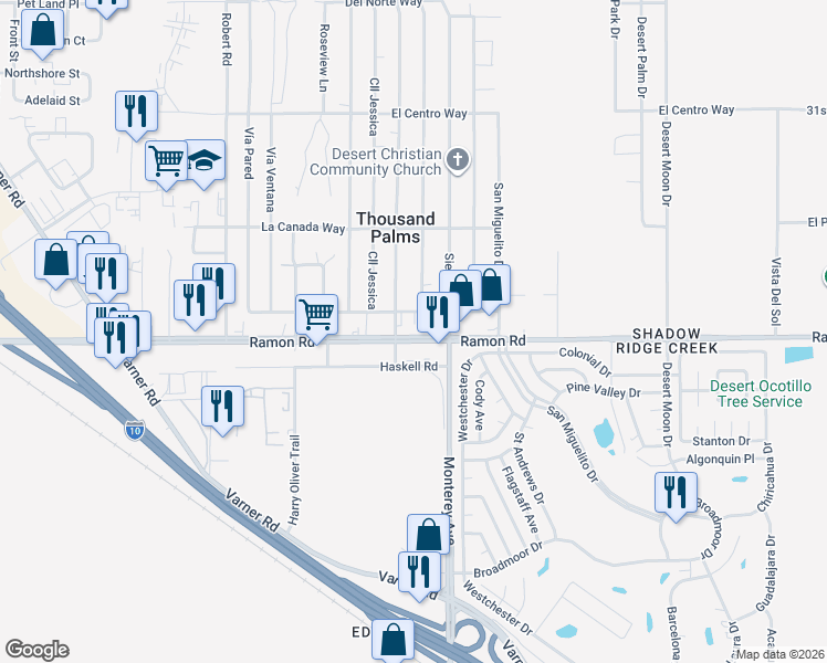 map of restaurants, bars, coffee shops, grocery stores, and more near 72921 Ramon Road in Thousand Palms
