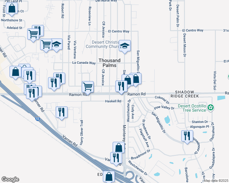 map of restaurants, bars, coffee shops, grocery stores, and more near 2 Ramon Road in Palm Springs