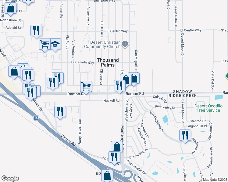 map of restaurants, bars, coffee shops, grocery stores, and more near 72921 Ramon Road in Thousand Palms