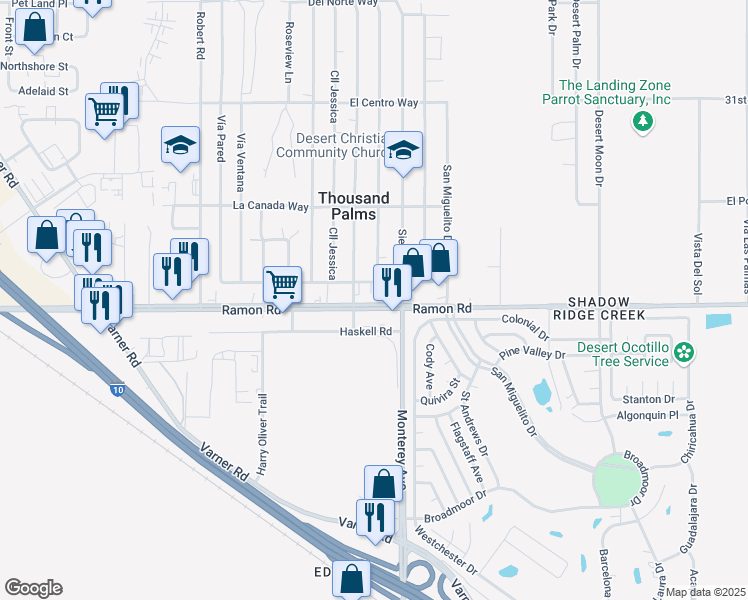map of restaurants, bars, coffee shops, grocery stores, and more near Ramon Road in Thousand Palms