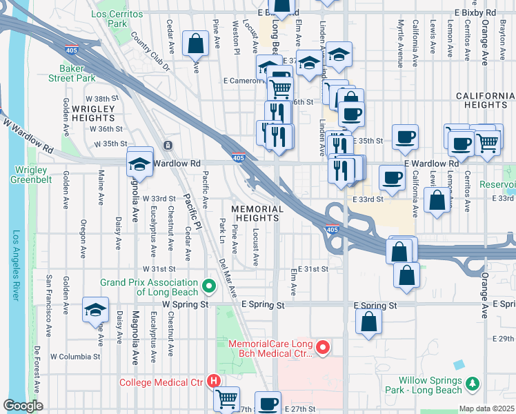 map of restaurants, bars, coffee shops, grocery stores, and more near in Long Beach
