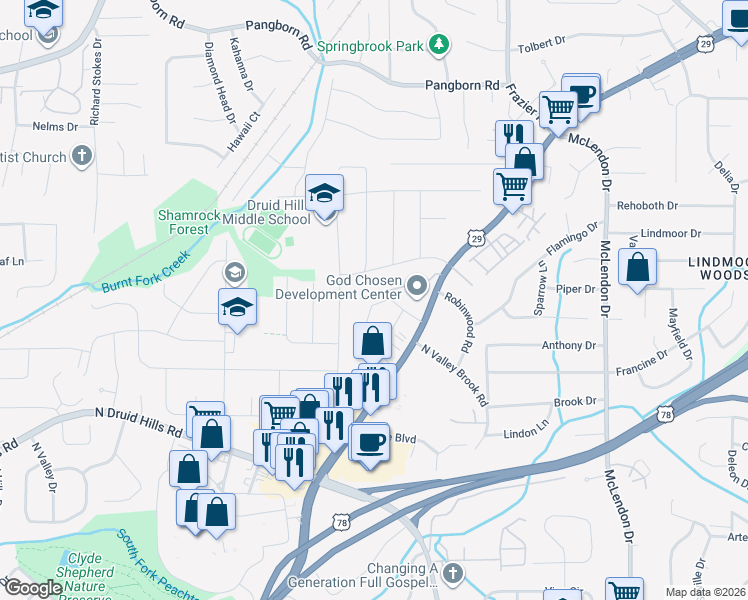 map of restaurants, bars, coffee shops, grocery stores, and more near 2326 Lawrenceville Highway in Decatur