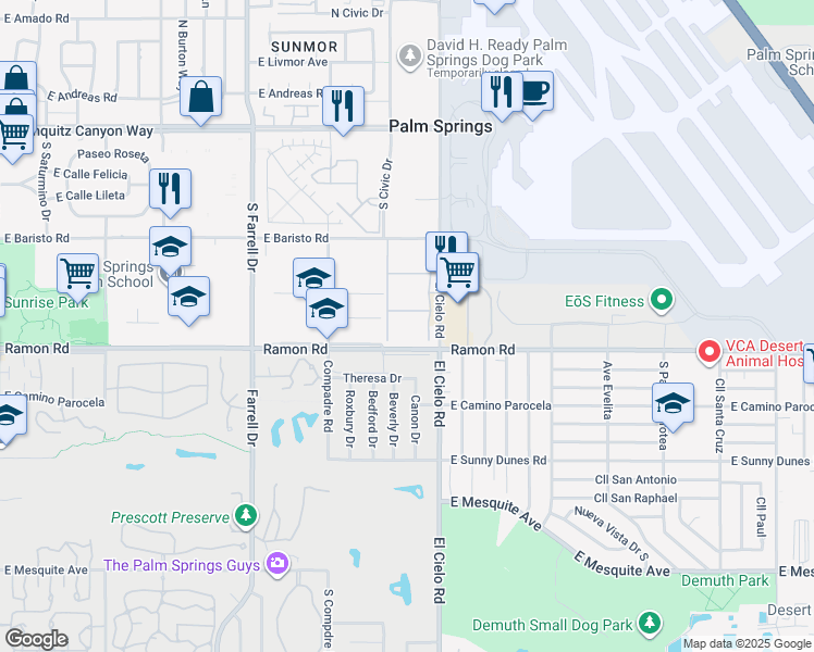 map of restaurants, bars, coffee shops, grocery stores, and more near 401 El Cielo Road in Palm Springs