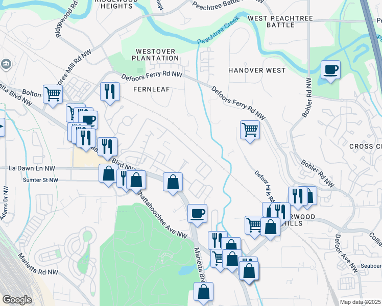 map of restaurants, bars, coffee shops, grocery stores, and more near 1436 Liberty Parkway Northwest in Atlanta