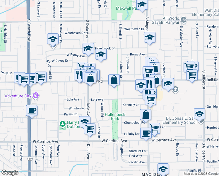 map of restaurants, bars, coffee shops, grocery stores, and more near 1234 South Macduff Street in Anaheim