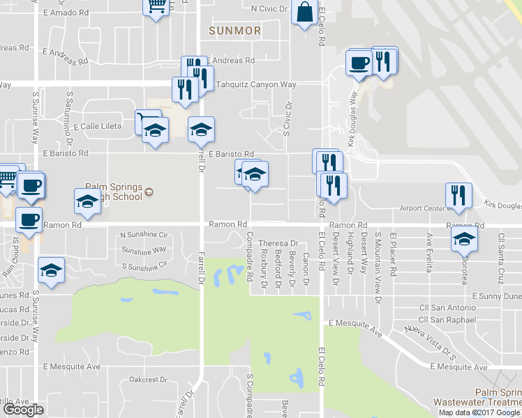 map of restaurants, bars, coffee shops, grocery stores, and more near 2900 East Ramon Road in Palm Springs