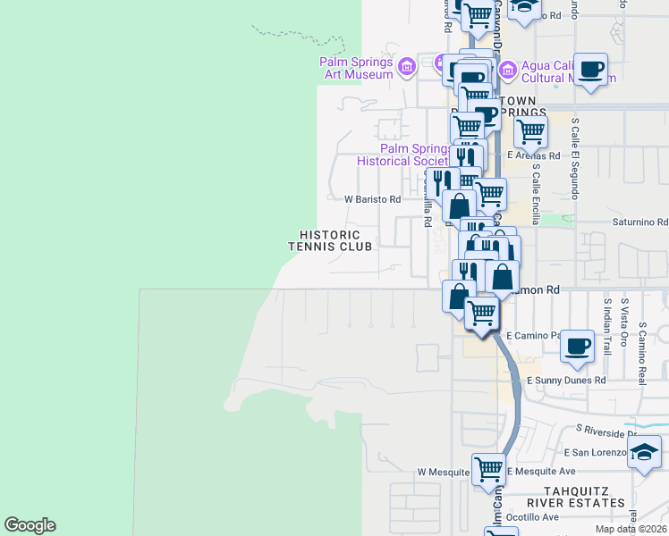 map of restaurants, bars, coffee shops, grocery stores, and more near 650 West Ramon Road in Palm Springs