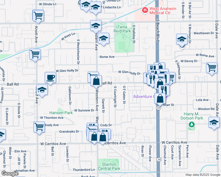 map of restaurants, bars, coffee shops, grocery stores, and more near 3143 West Lanerose Drive in Anaheim