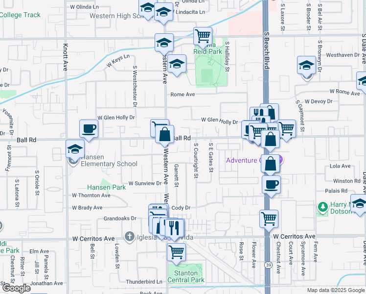 map of restaurants, bars, coffee shops, grocery stores, and more near 3143 West Lanerose Drive in Anaheim