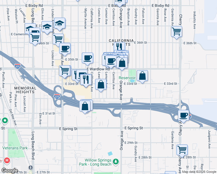 map of restaurants, bars, coffee shops, grocery stores, and more near 3237 Cerritos Avenue in Signal Hill
