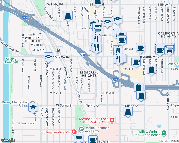 map of restaurants, bars, coffee shops, grocery stores, and more near in Long Beach