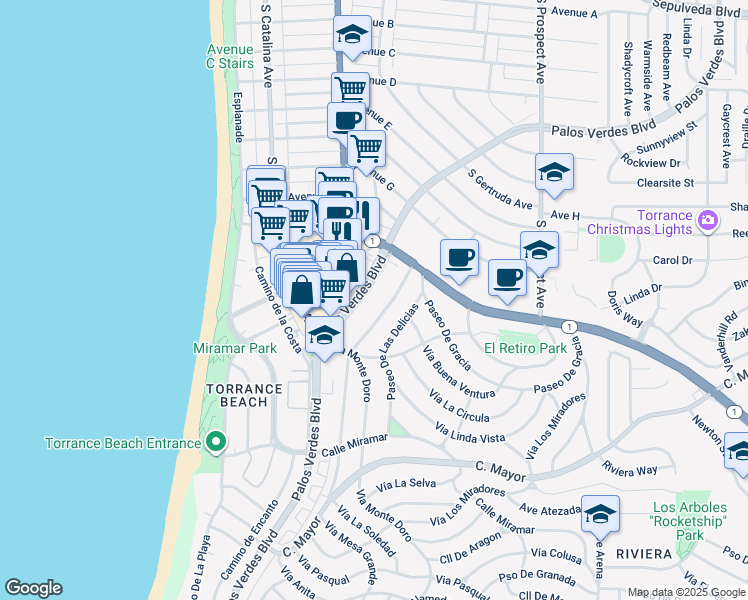 map of restaurants, bars, coffee shops, grocery stores, and more near 209 Camino de las Colinas in Redondo Beach
