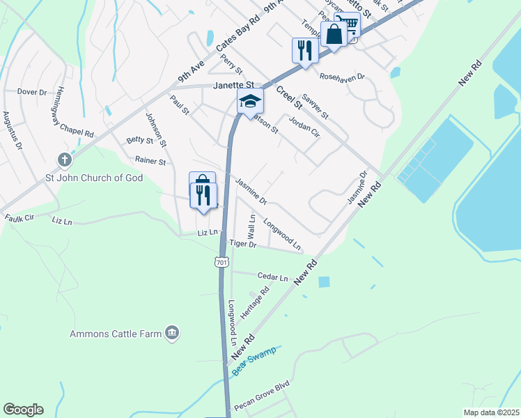 map of restaurants, bars, coffee shops, grocery stores, and more near 203 Longwood Lane in Conway