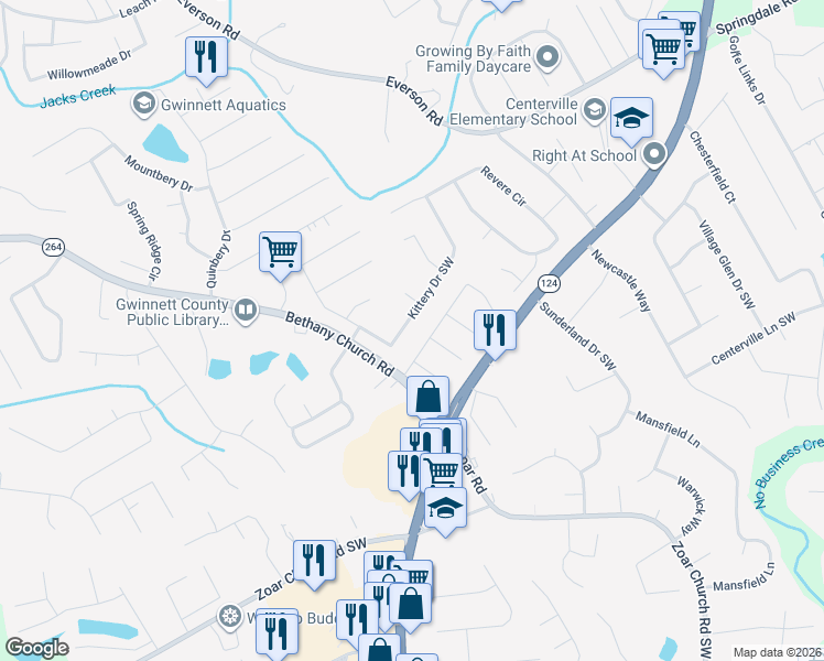 map of restaurants, bars, coffee shops, grocery stores, and more near 3212 Kittery Drive Southwest in Snellville