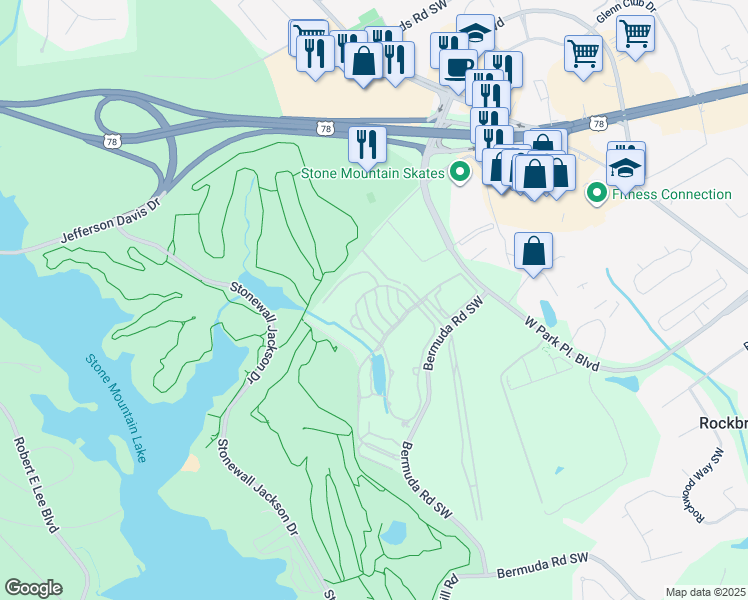 map of restaurants, bars, coffee shops, grocery stores, and more near Gardenia Way in Stone Mountain