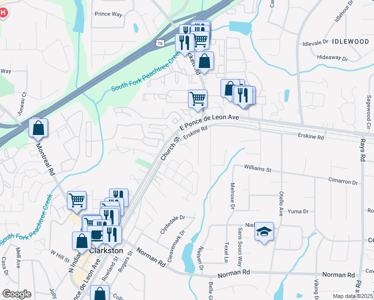 map of restaurants, bars, coffee shops, grocery stores, and more near 1241 Pounds Lane in Clarkston