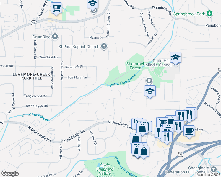map of restaurants, bars, coffee shops, grocery stores, and more near 2545 Laurel Ridge Drive in Decatur