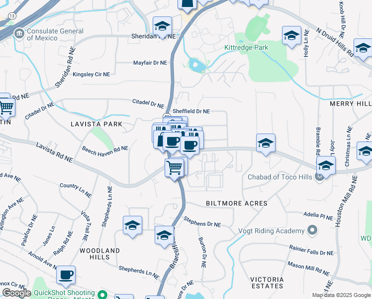 map of restaurants, bars, coffee shops, grocery stores, and more near 1263 Linden Court in Atlanta