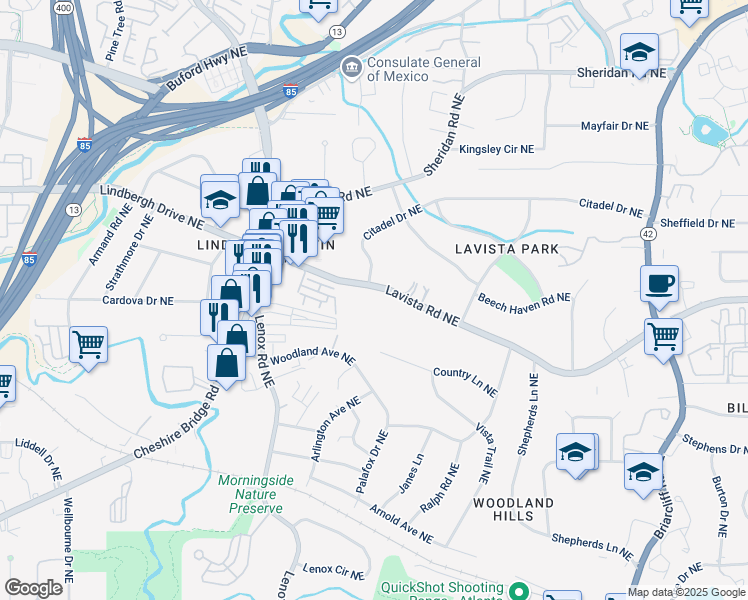 map of restaurants, bars, coffee shops, grocery stores, and more near 1301 Lavista Road Northeast in Atlanta