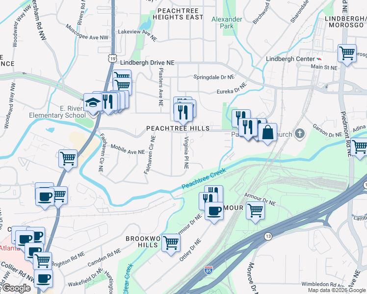 map of restaurants, bars, coffee shops, grocery stores, and more near 2235 Virginia Place Northeast in Atlanta
