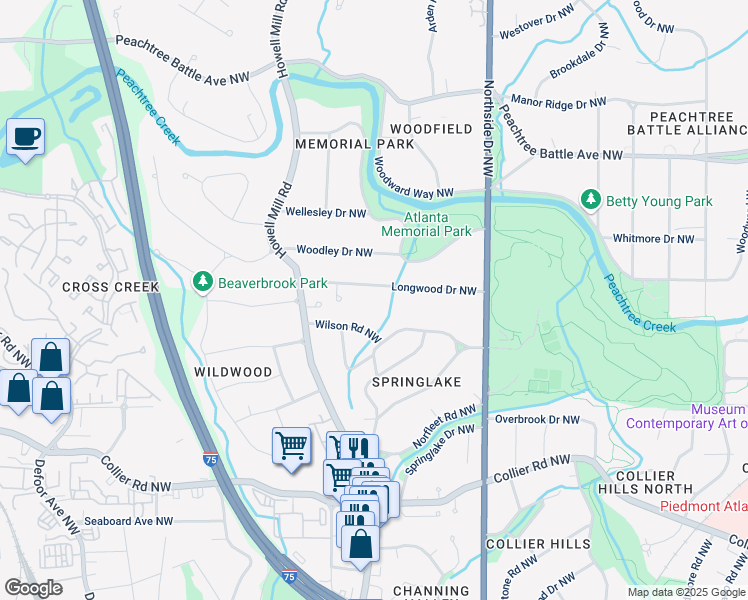 map of restaurants, bars, coffee shops, grocery stores, and more near 715 Wilson Road Northwest in Atlanta