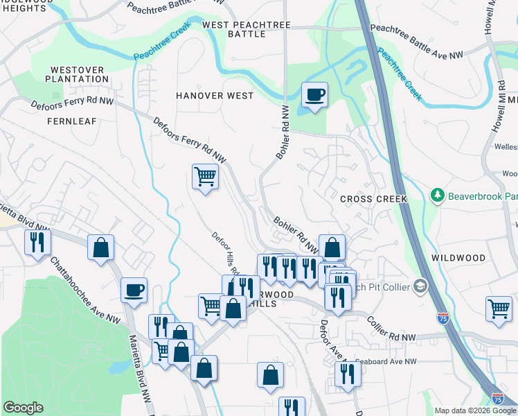 map of restaurants, bars, coffee shops, grocery stores, and more near 2226 Bohler Road Northwest in Atlanta