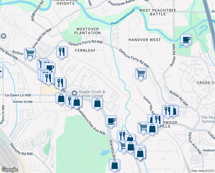 map of restaurants, bars, coffee shops, grocery stores, and more near 1436 Liberty Parkway Northwest in Atlanta