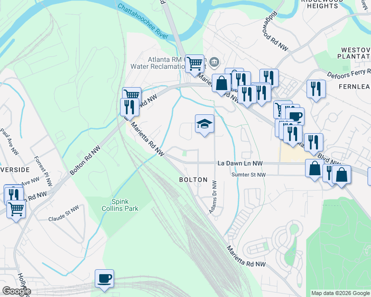 map of restaurants, bars, coffee shops, grocery stores, and more near 2145 La Dawn Lane Northwest in Atlanta
