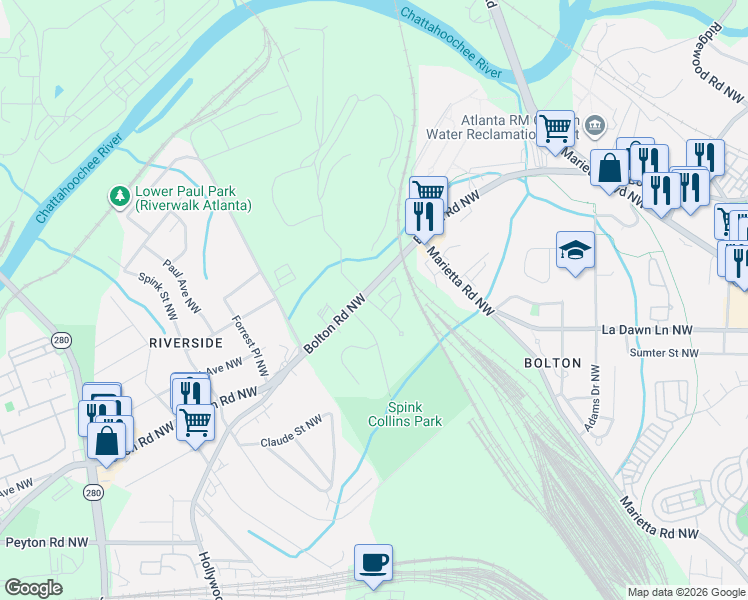 map of restaurants, bars, coffee shops, grocery stores, and more near 2215 Collins Drive Northwest in Atlanta