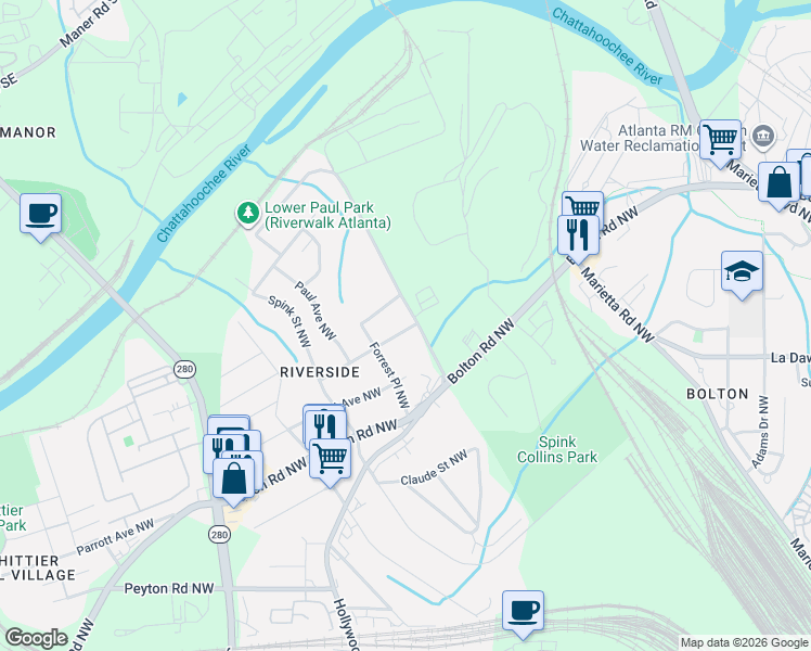 map of restaurants, bars, coffee shops, grocery stores, and more near 2480 Edwards Drive Northwest in Atlanta