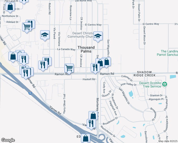 map of restaurants, bars, coffee shops, grocery stores, and more near 4775 1/2 Ramon Road in Palm Springs