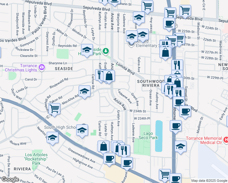 map of restaurants, bars, coffee shops, grocery stores, and more near 23214 Anza Avenue in Torrance