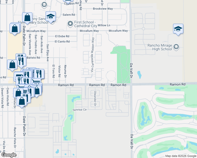 map of restaurants, bars, coffee shops, grocery stores, and more near 69411 Ramon Road in Cathedral City