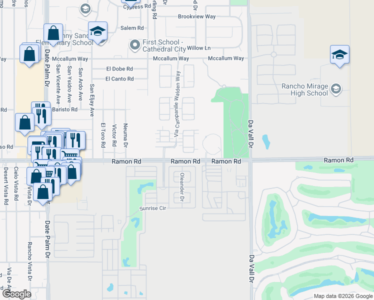 map of restaurants, bars, coffee shops, grocery stores, and more near 69411 Ramon Road in Cathedral City