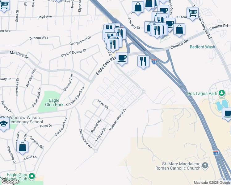 map of restaurants, bars, coffee shops, grocery stores, and more near 2506 Nova Way in Corona