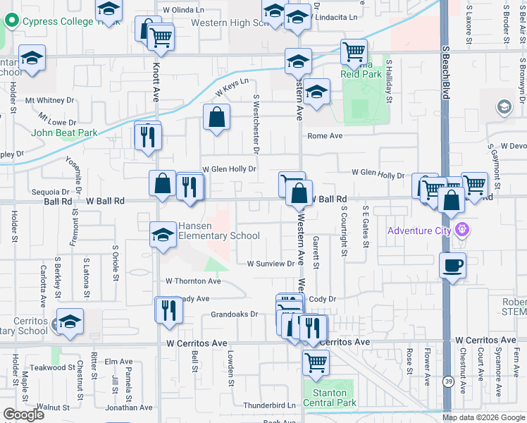map of restaurants, bars, coffee shops, grocery stores, and more near 1224 Cabernet Circle in Anaheim