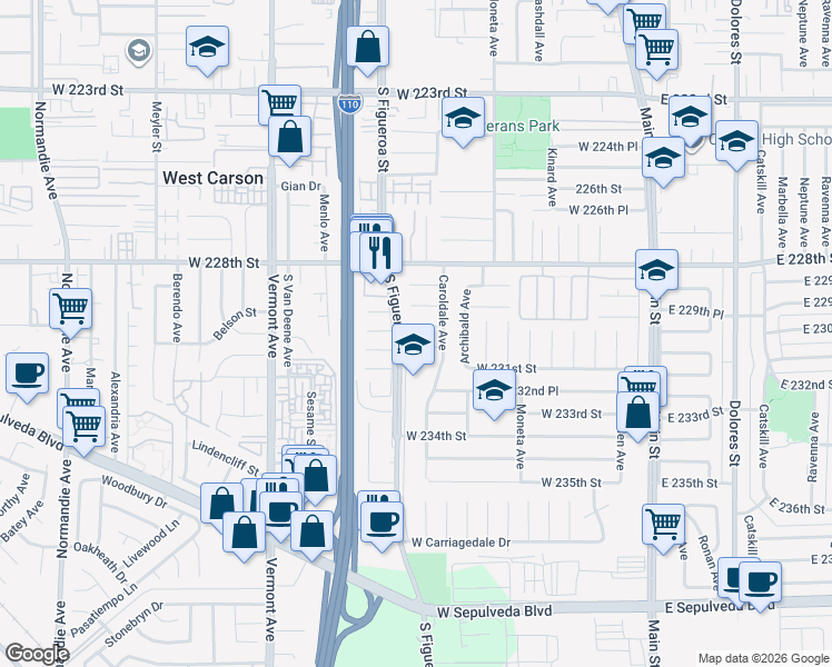 map of restaurants, bars, coffee shops, grocery stores, and more near 408 West Martinshire Street in Carson