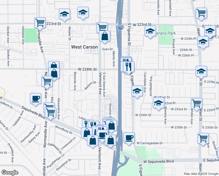map of restaurants, bars, coffee shops, grocery stores, and more near 23038 Kaywood Drive in Torrance
