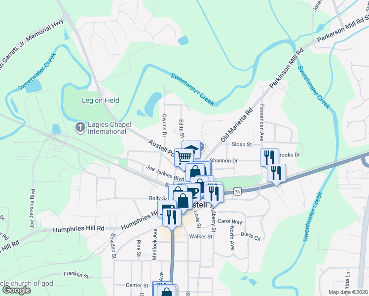 map of restaurants, bars, coffee shops, grocery stores, and more near 5700 Austell Powder Springs Road in Austell