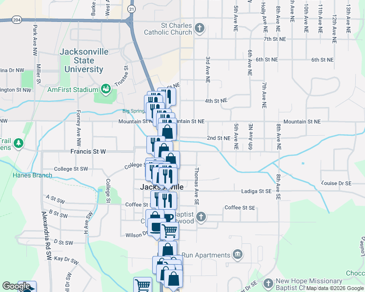 map of restaurants, bars, coffee shops, grocery stores, and more near 102 Church Avenue Southeast in Jacksonville