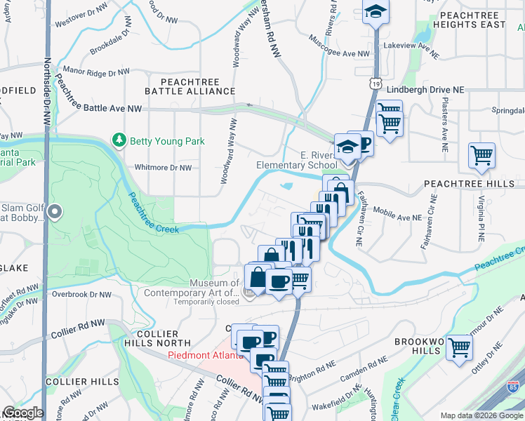 map of restaurants, bars, coffee shops, grocery stores, and more near 136 Peachtree Memorial Drive Northwest in Atlanta