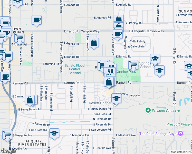 map of restaurants, bars, coffee shops, grocery stores, and more near 1414 Ramon Road in Palm Springs