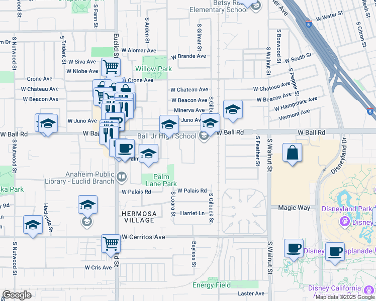 map of restaurants, bars, coffee shops, grocery stores, and more near 1540 West Ball Road in Anaheim
